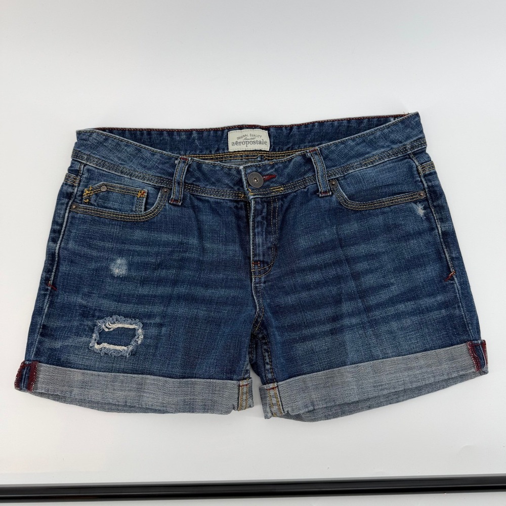 Aeropostale Denim Shorts Womens 7/8 Blue Distressed Cuffed Low Rise